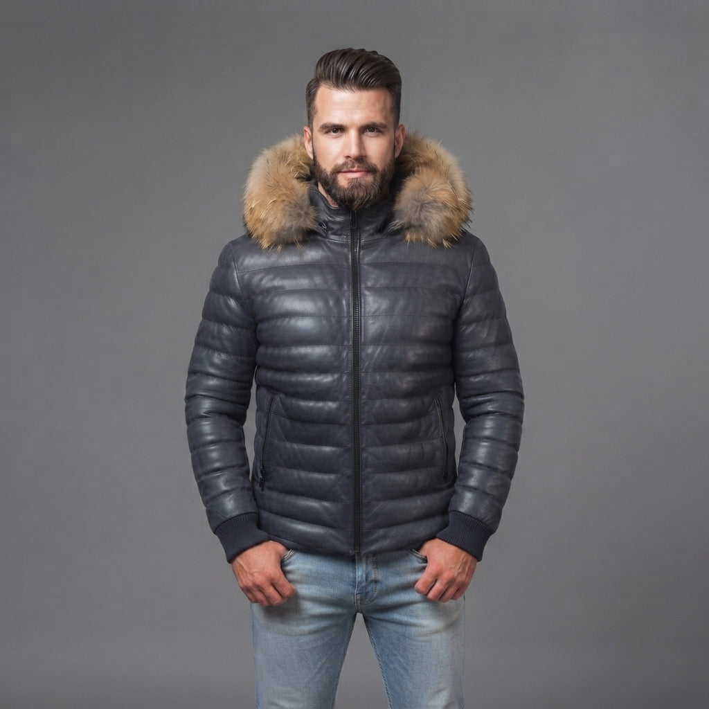 Men's Grey & Skin Down Leather Jacket