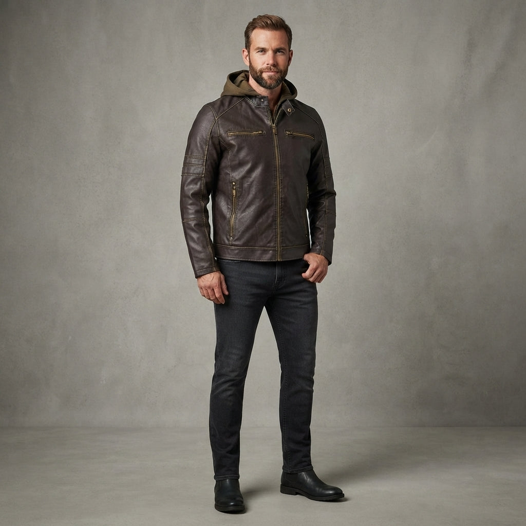 Hooded Leather Jacket For Men