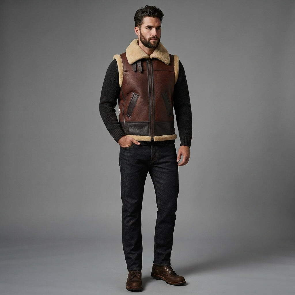 Men's Brown Shearling Leather Vest - Leather Outlet