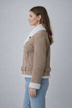 Load image into Gallery viewer, Women's Beige Suede Shearling Biker Jacket
