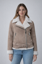 Load image into Gallery viewer, Women's Beige Suede Shearling Biker Jacket
