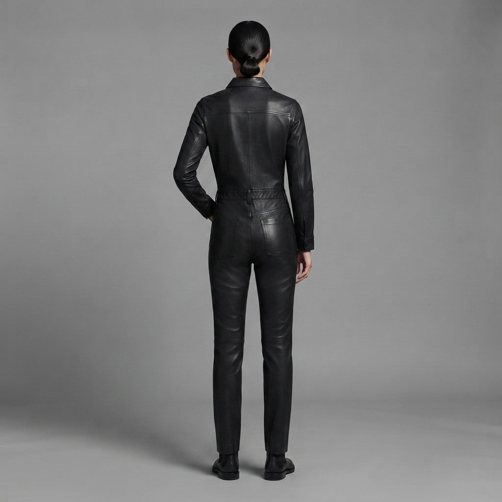 Women's Pure  Black Leather Jumpsuit