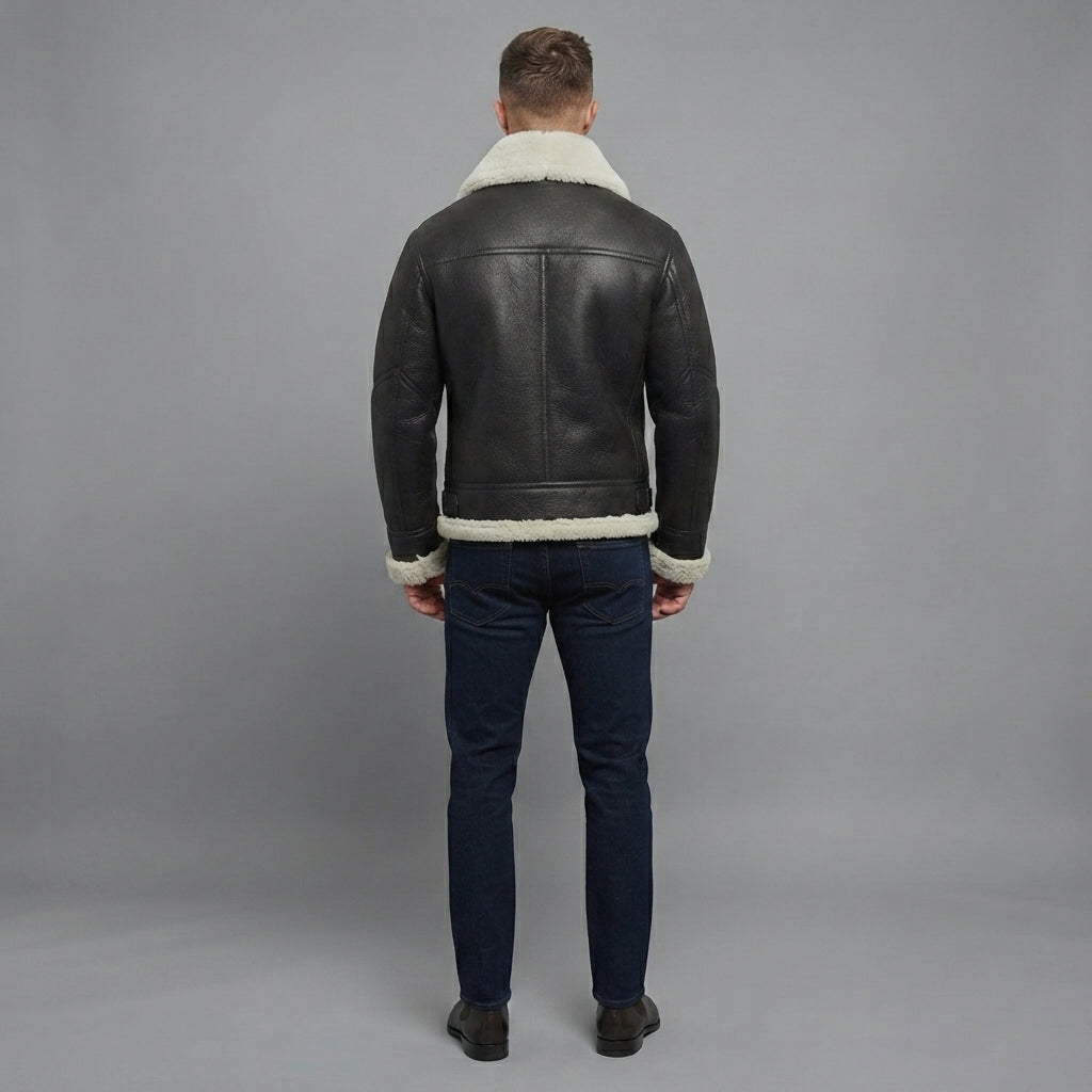 Men's Black Leather  Jacket with White fur