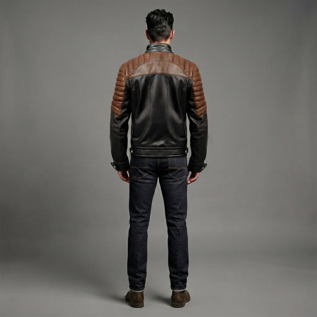 Men's Brown Black Cafe Racer Leather Jacket