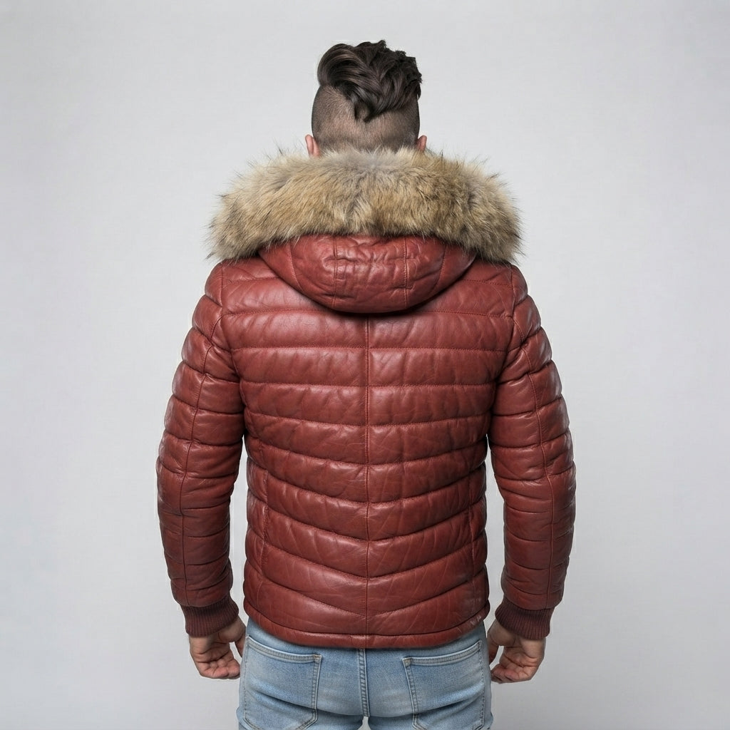 Men's Red & Skin Down Leather Jacket
