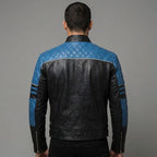 Handmade Men's Black With Blue Shoulder Genuine Leather Jacket