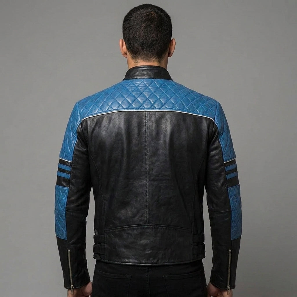 Handmade Men's Black With Blue Shoulder Genuine Leather Jacket