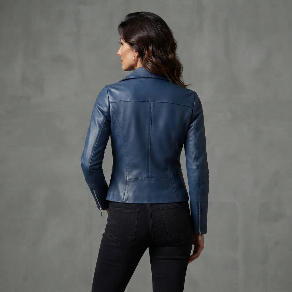 Women's Blue Leather Biker Jacket