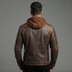 Men's Brown Leather Hooded Jacket