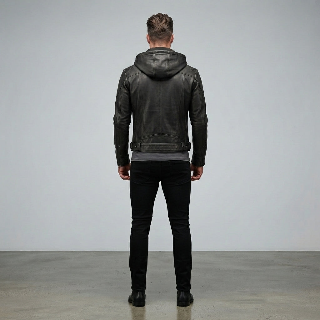 Men's Brown Leather Hooded Jacket
