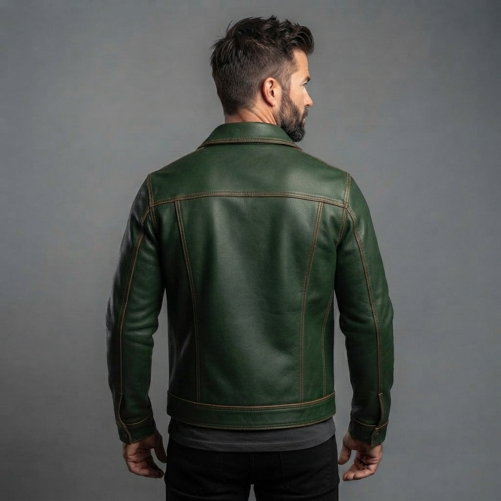 Men's Green Leather Biker Moto Trucker Jacket