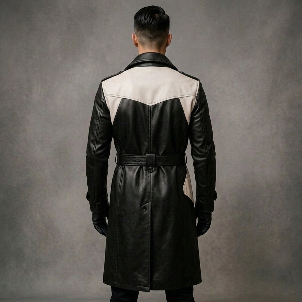 Men's Black & White Leather Trench Coat