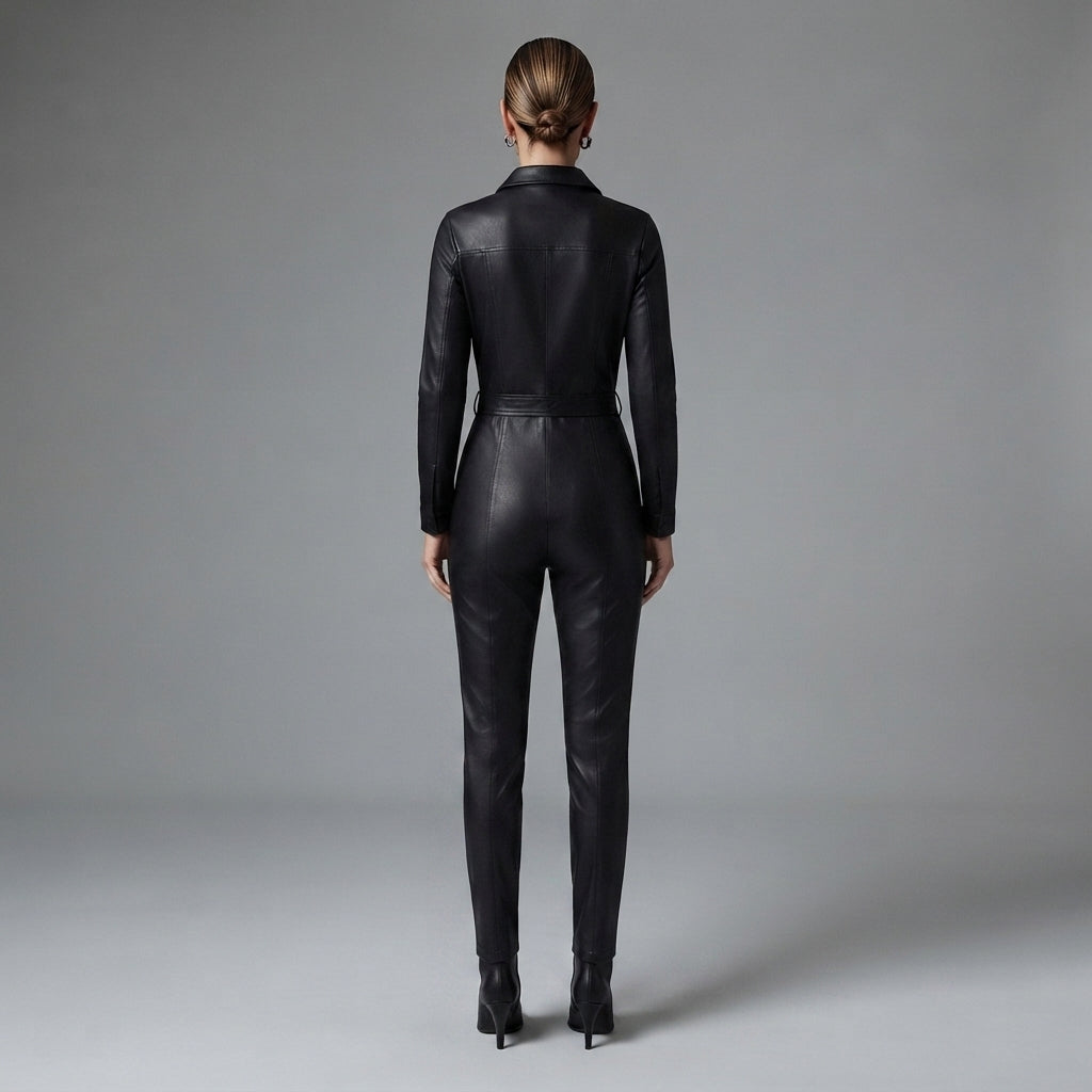 Women's Black Leather Jumpsuit