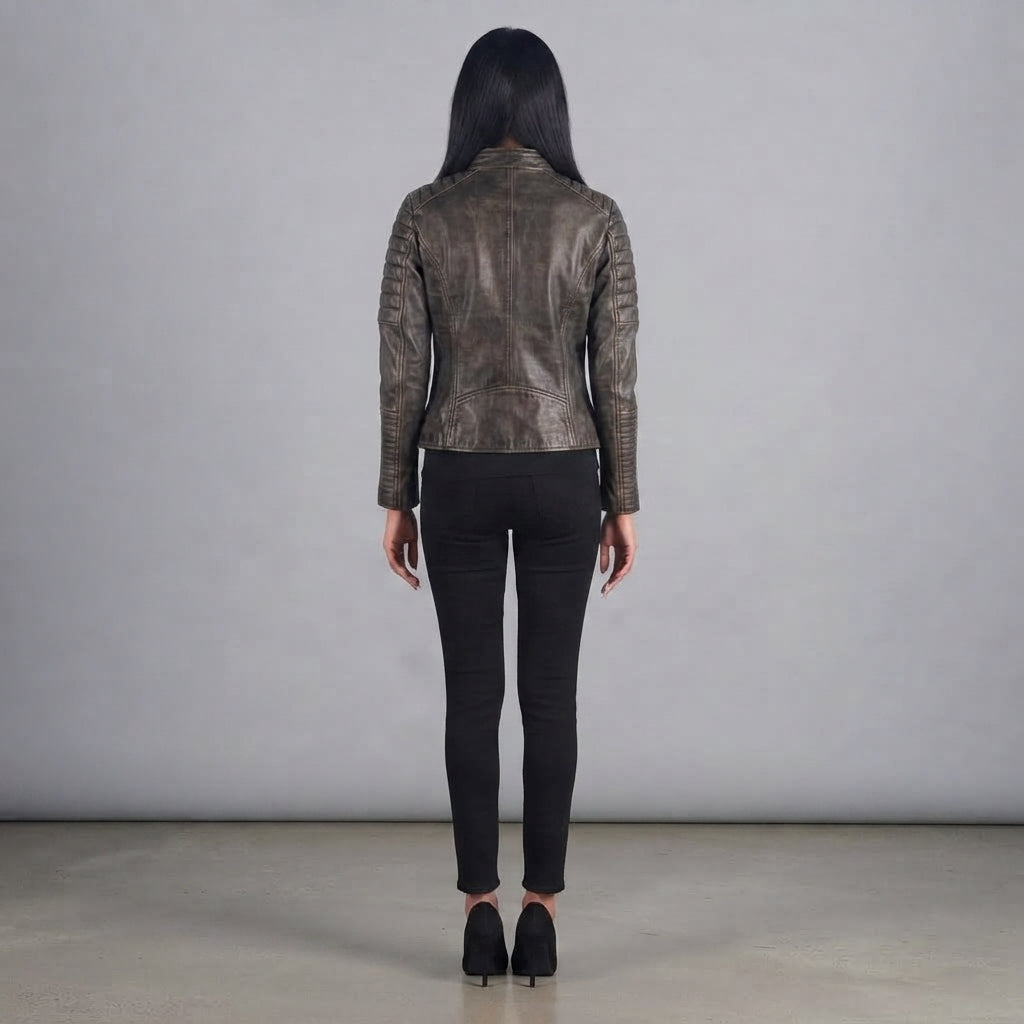 Buy Women's Dark Brown Rub-off Cafe Racer Leather Jacket