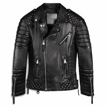 Load image into Gallery viewer, Black Biker Leather Jacket For Men Quilted Style
