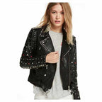 Schwarze Motorradjacke aus Nietenleder für Damen