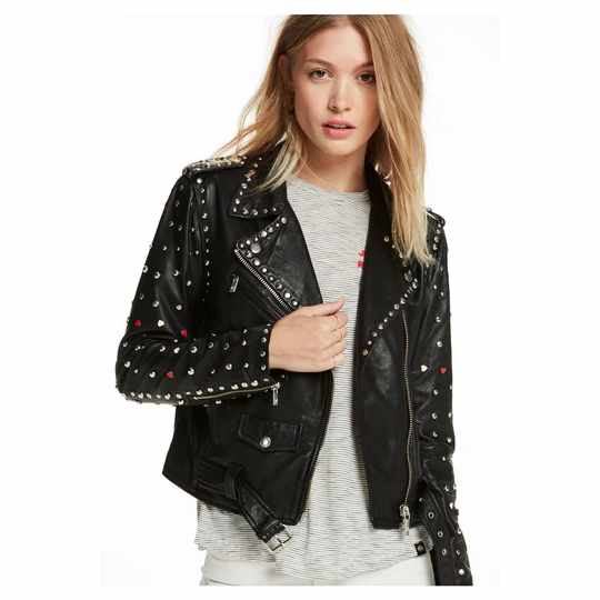 Schwarze Motorradjacke aus Nietenleder für Damen