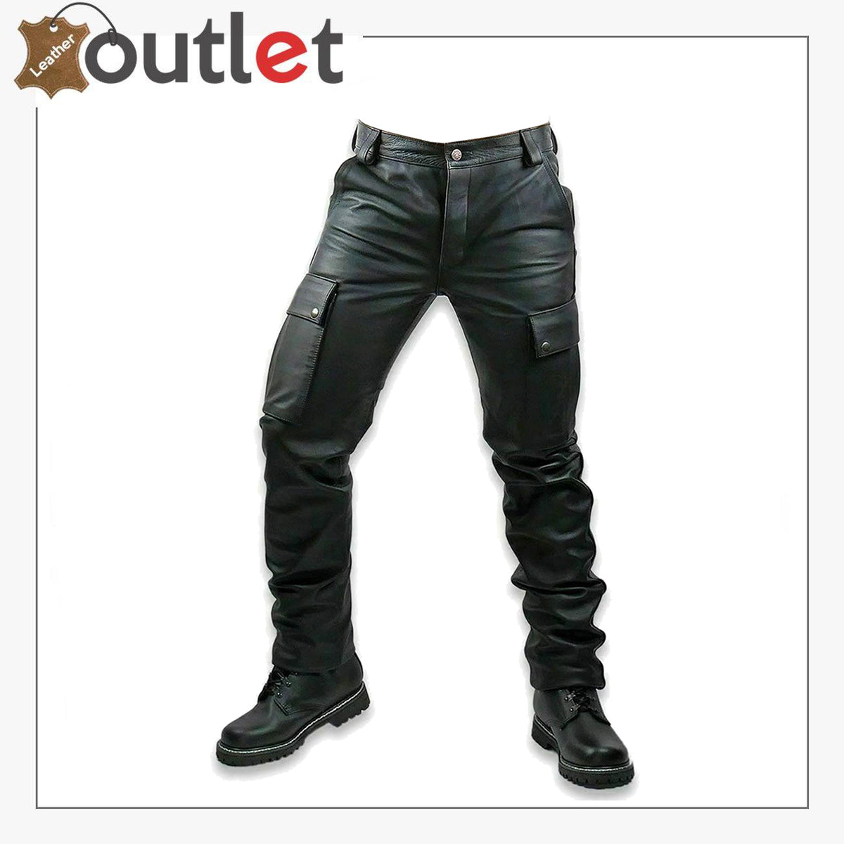 Mens slim fit black leather pants with zip closure