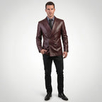 Men’s Burgundy Lambskin Leather Double Breasted Blazer – Travel Hide