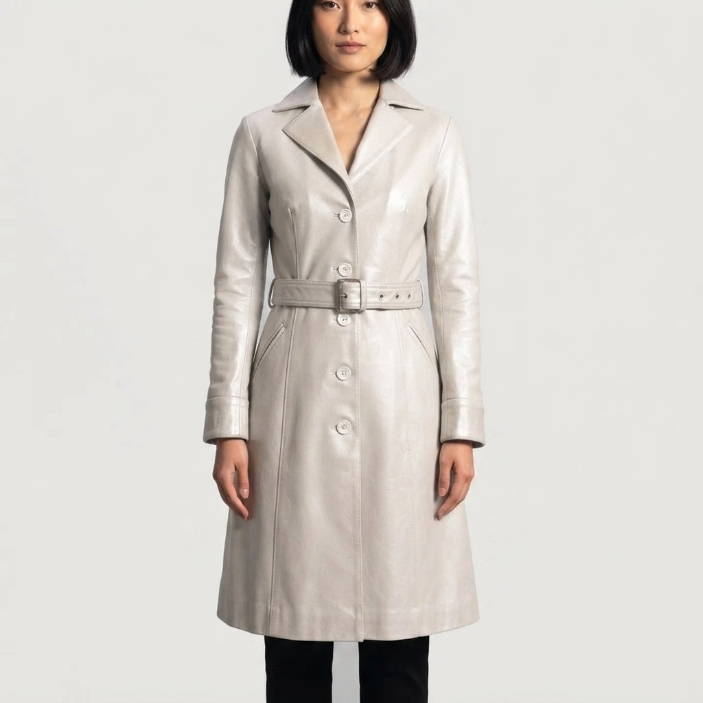 Women's  Faux White Leather Trench Coat