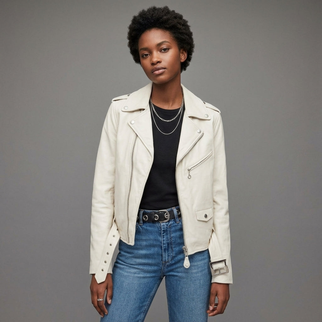 Women's white leather moto jacket front view with notched lapels and belted hem