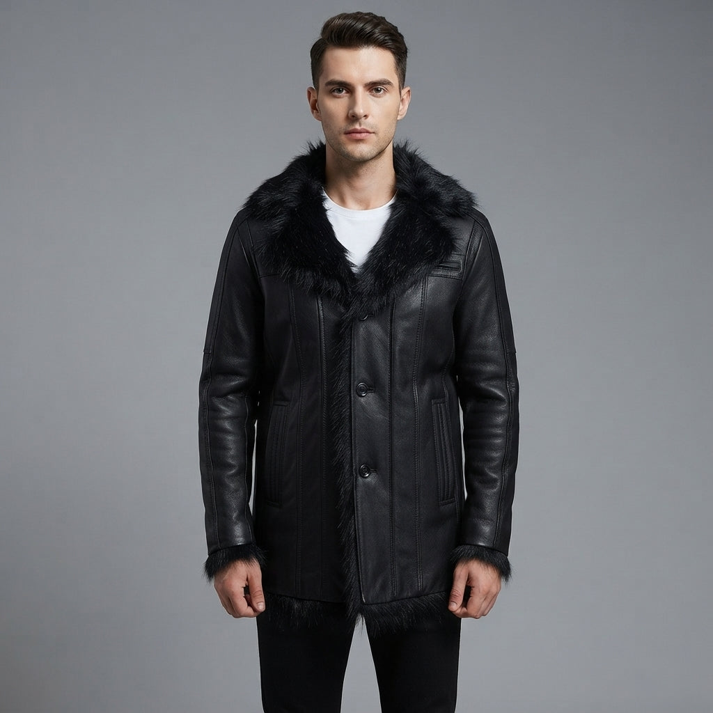 Men's Black Fur Cliff Leather Jacket - Leather Outlet