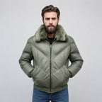 Mens Leather Down Puffer Jacket in Bomber Style