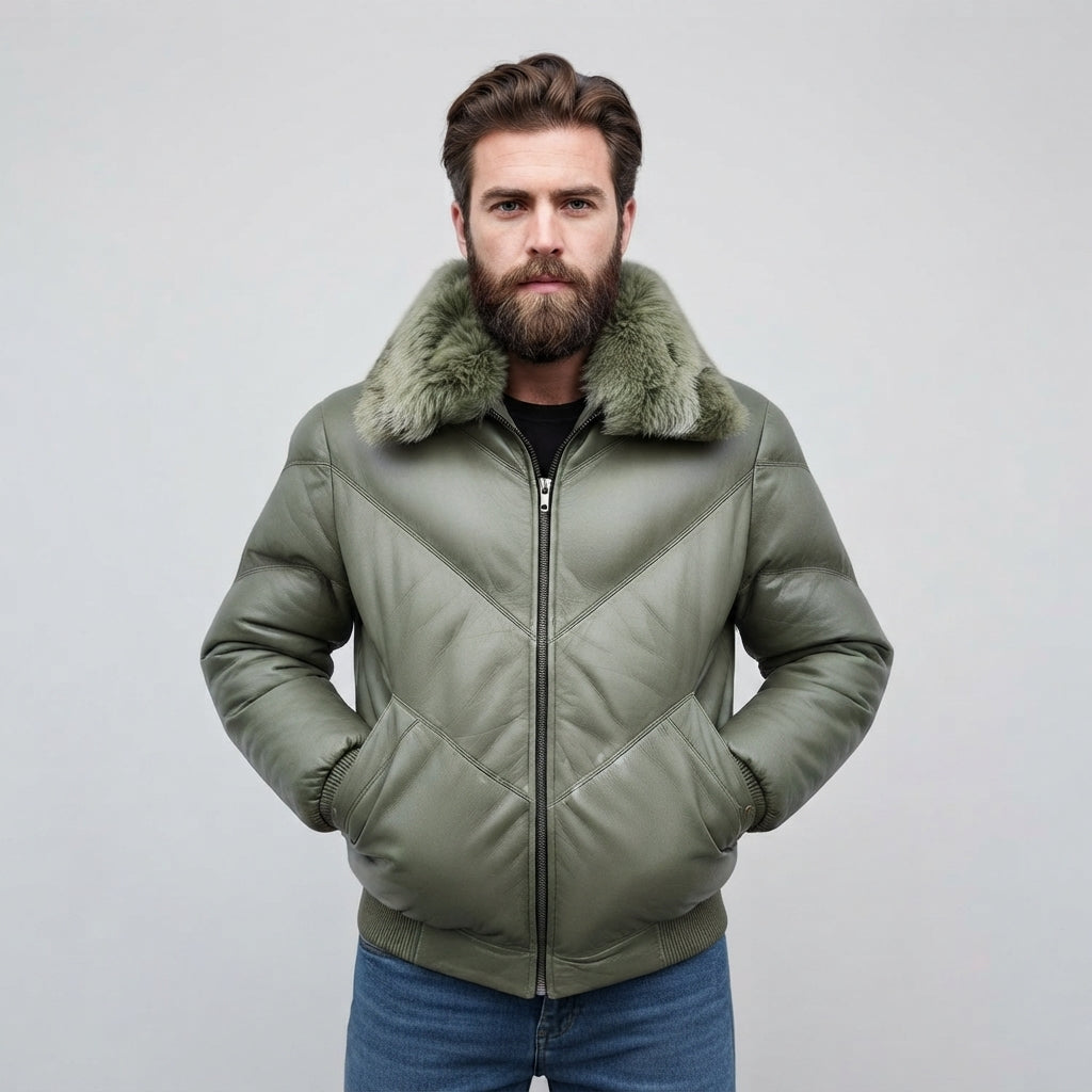 Men's Leather Down Puffer Bomber Jacket - Leather Outlet
