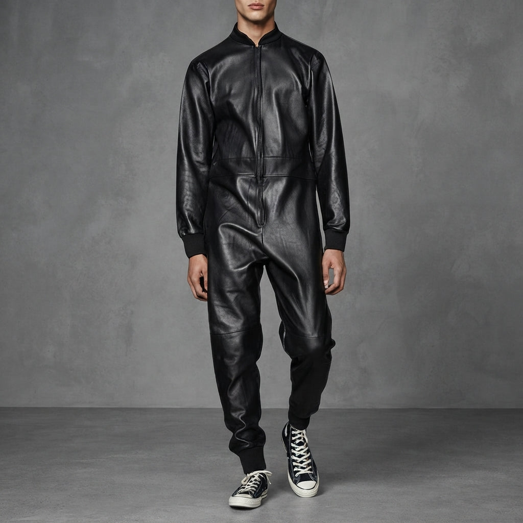 Men's Matte Black Leather Jumpsuit - Leather Outlet