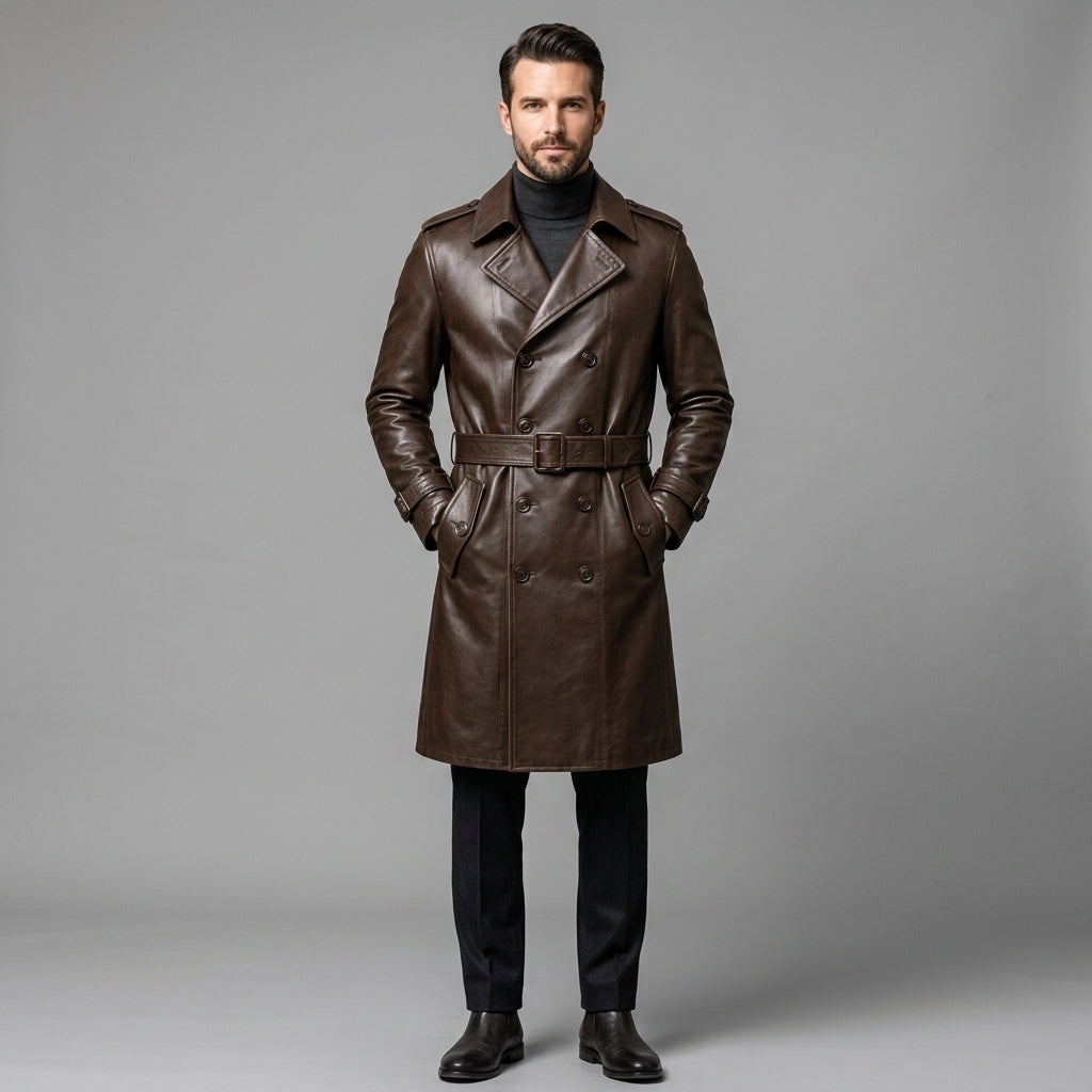 Men's Chocolate Brown Leather Trench Coat - Leather Outlet
