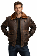 Men’s Vintage Brown Leather Pilot Jacket – Fur Collar Flight Bomber