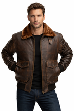 Men’s Vintage Brown Leather Pilot Jacket – Fur Collar Flight Bomber
