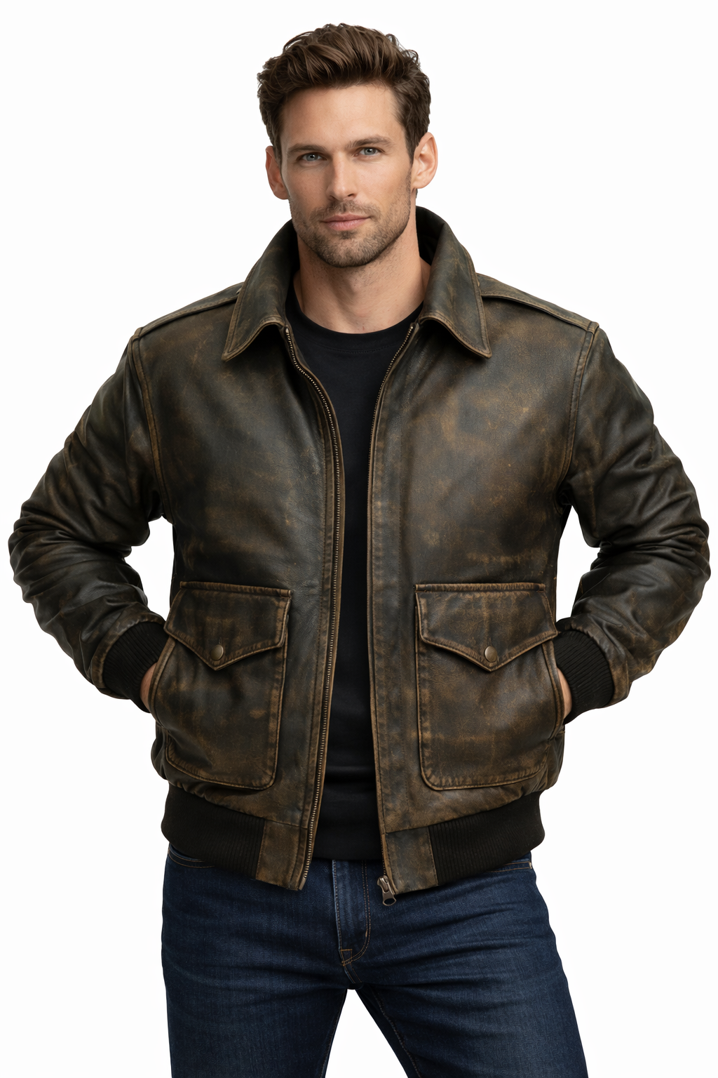 Herren Antike Distressed Leder Pilotenjacke – Vintage Fliegerbomber