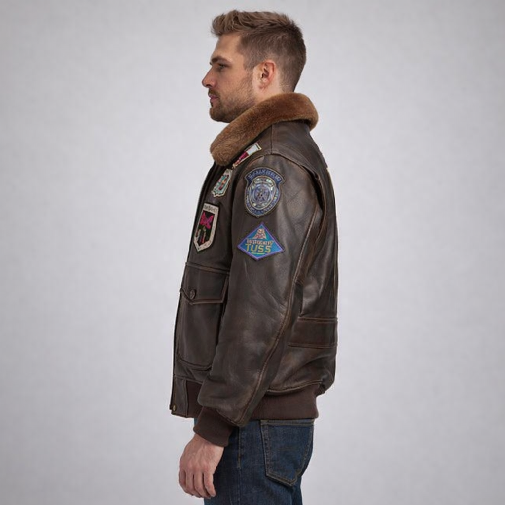 Men's Brown Flight Leather Jacket with Stickers
