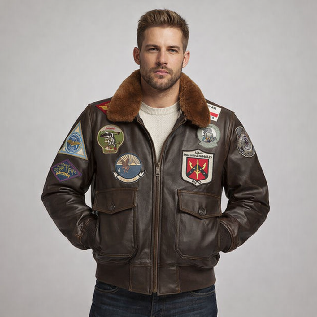 Men's Brown Flight Leather Jacket with Stickers