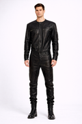 Herren Schwarze Echtleder Slim-Fit Jacke – Rundhals Racer Style