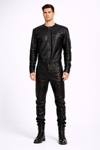 Herren Schwarze Echtleder Slim-Fit Jacke – Rundhals Racer Style