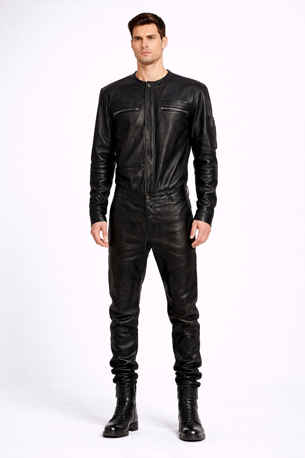 Men’s Black Real Leather Slim-Fit Jacket – Round Neck Racer Style