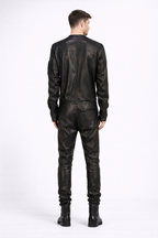 Herren Schwarze Echtleder Slim-Fit Jacke – Rundhals Racer Style