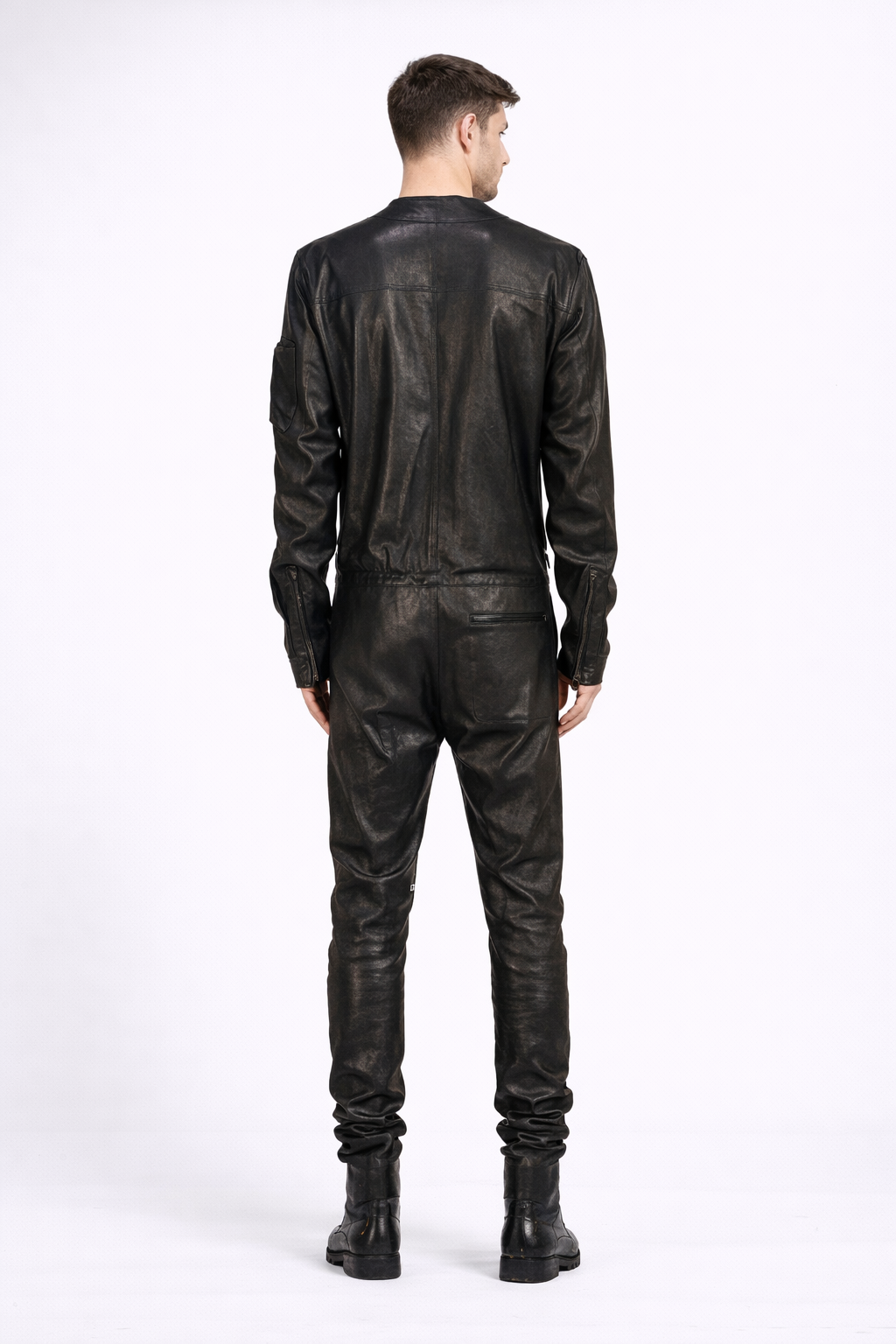 Men’s Black Real Leather Slim-Fit Jacket – Round Neck Racer Style