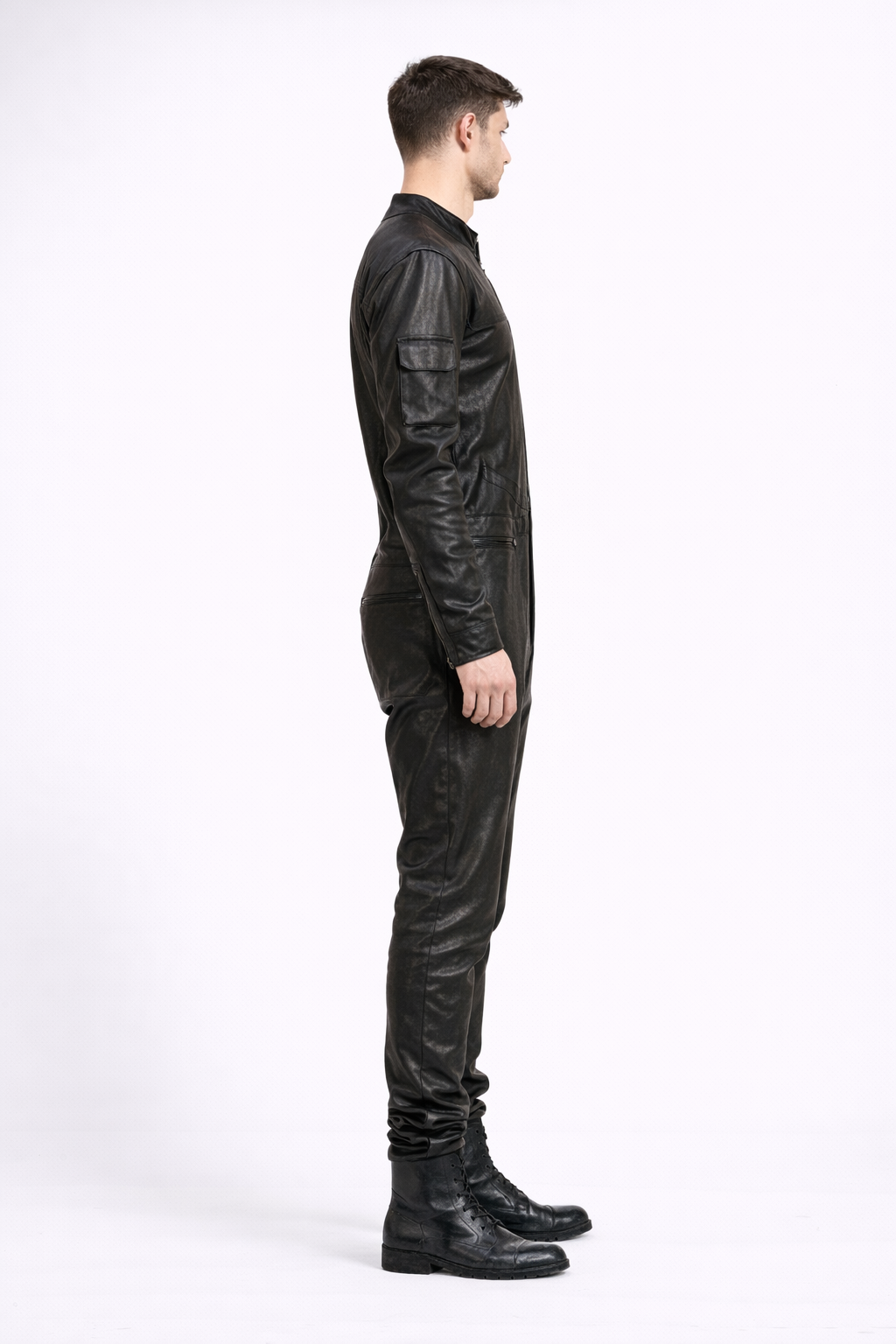 Men’s Black Real Leather Slim-Fit Jacket – Round Neck Racer Style