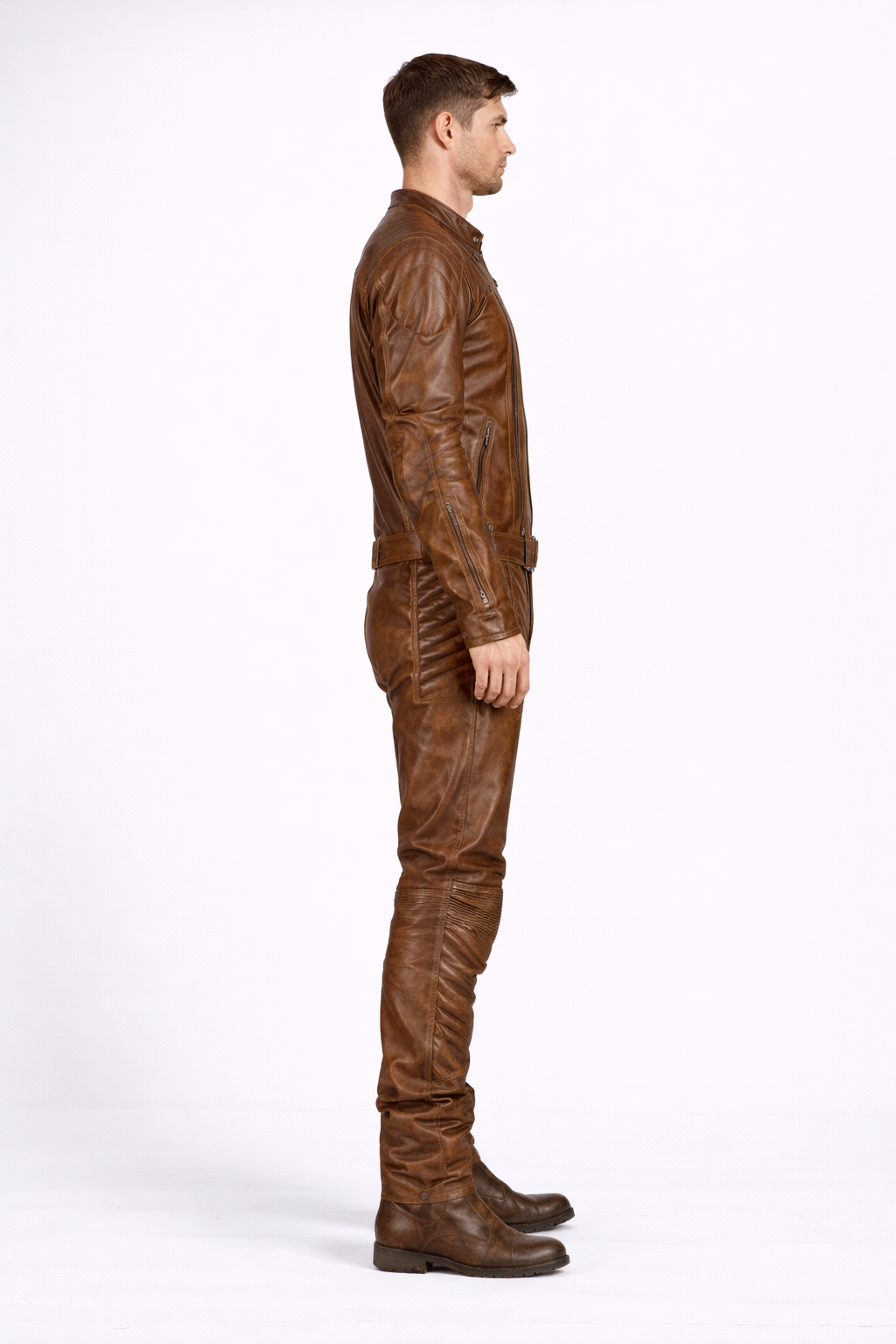 Men’s Brown Leather Racing Jumpsuit – Vintage Biker Moto Suit