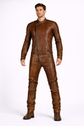 Men’s Brown Leather Racing Jumpsuit – Vintage Biker Moto Suit