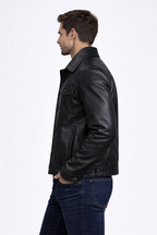 Men's Black Leather Trucker Jacket