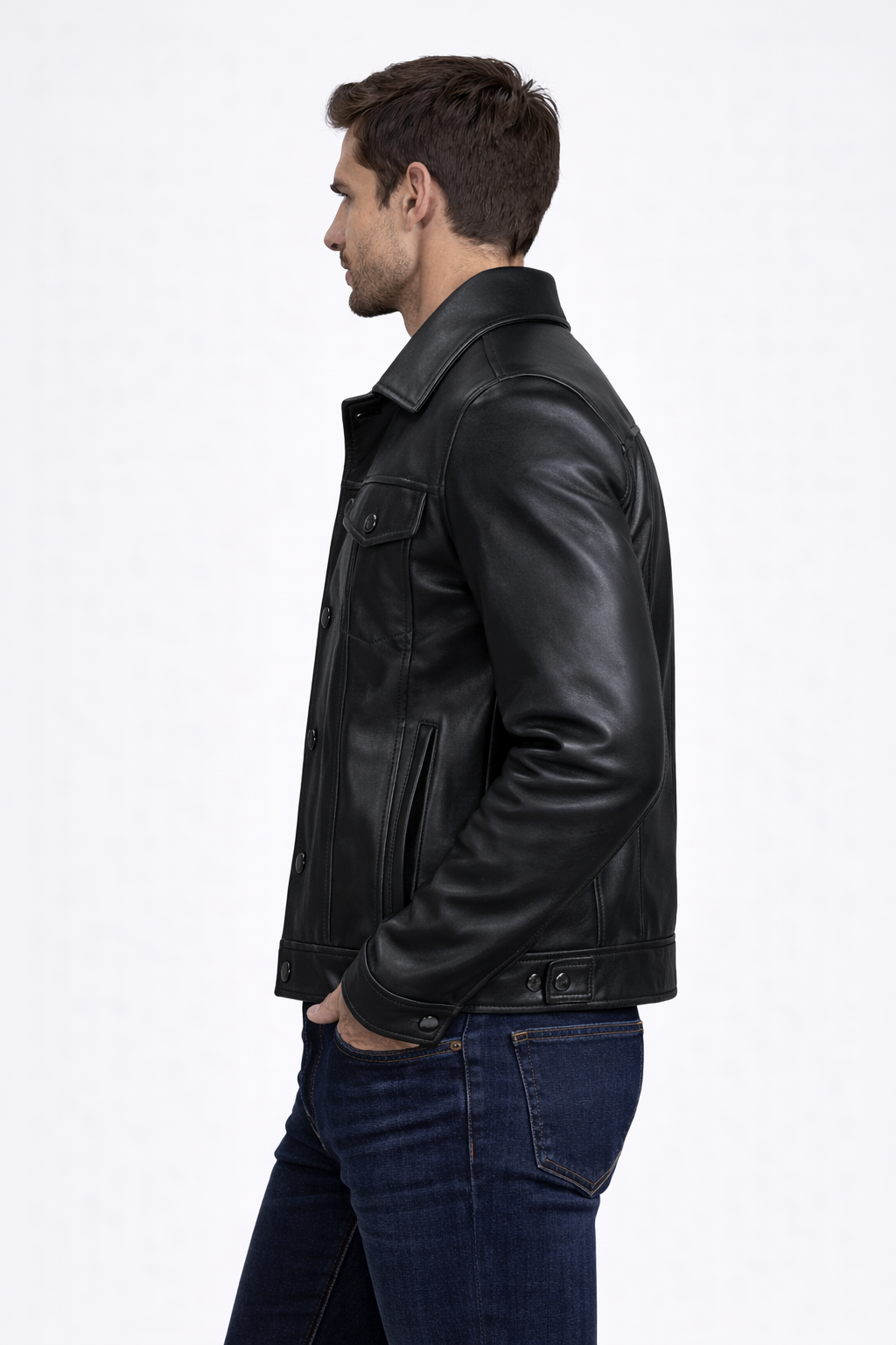 Men's Black Leather Trucker Jacket