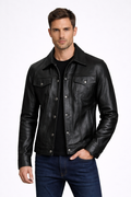 Men's Black Leather Trucker Jacket
