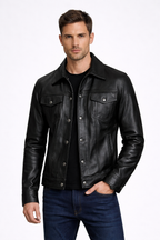 Men's Black Leather Trucker Jacket