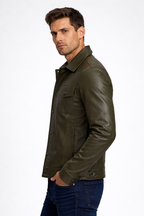 Men's Olive Green Real Leather Trucker Jacket