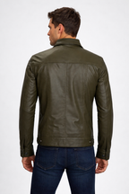 Men's Olive Green Real Leather Trucker Jacket