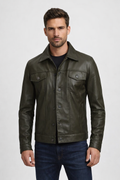 Men's Olive Green Real Leather Trucker Jacket